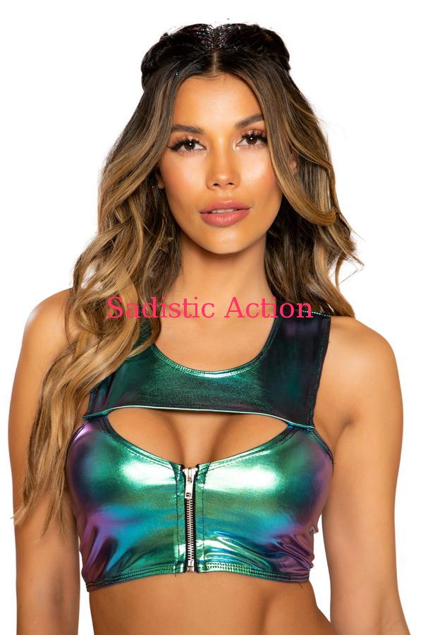 y[zROMA Shiny Metallic Crop Top with Zipper Closure yROMA@i_XEFAAߑARX`[AjzygbvXzyRM-DW-3752-IBz