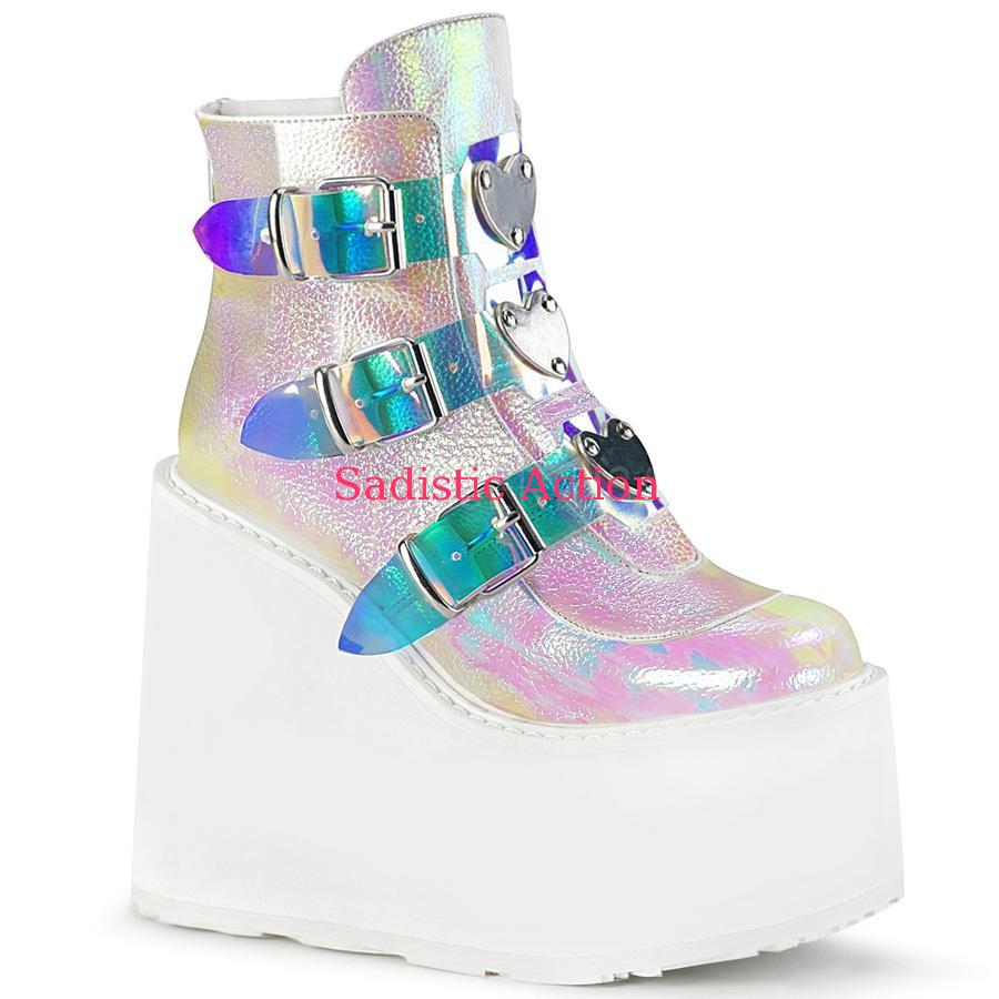 Demonia Wedge Platform Ankle Boot Featuring Triple Buckle Straps w/ Silver Chrome Plated Metal Plate 