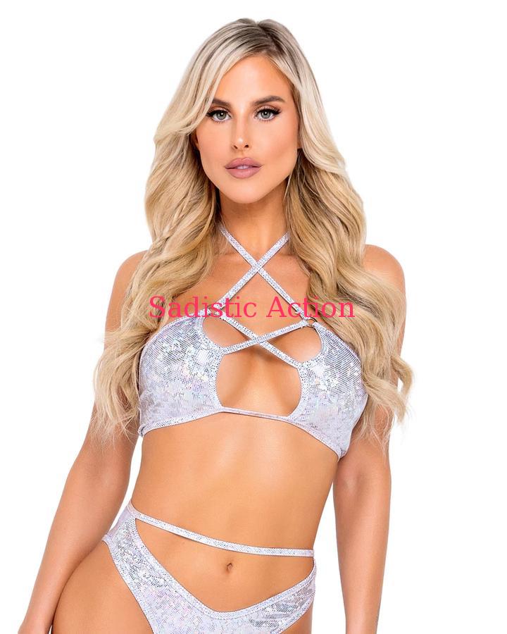 乐天商城 - 【即納】ROMA Shimmer Bikini Top with Criss-Cross Detail 【ROMA　（ダンスウェア、衣装、コスチューム、小物）】【トップス】【RM-DW-6078-WH】