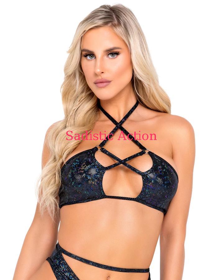 乐天商城 - 【即納】ROMA Shimmer Bikini Top with Criss-Cross Detail 【ROMA　（ダンスウェア、衣装、コスチューム、小物）】【トップス】【RM-DW-6078-BK】