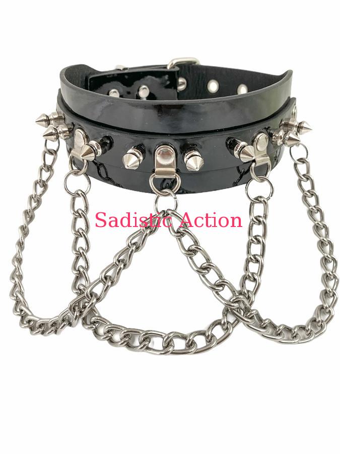 【即納】FUNK PLUS PATENT 1 3/4" WIDE SPIKE CHAIN SUB BONDAGE CHOKER 【FUNK PLUS(レザーアクセサリー、レザーマスク、ハーネス、ポリスハット等）】【チョーカー・ネックレス】【FP-FCK241P-BK】