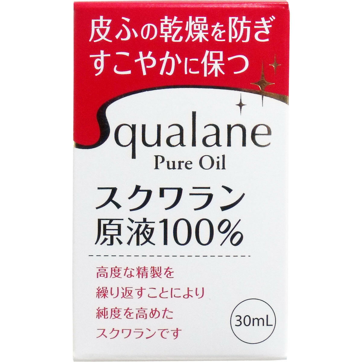 皮膚の乾燥防止 保湿 スクワラン原液 100％ 30mlスクワラン 無香料 無着色 防腐剤フリー 界面活性剤フリー 赤ちゃん使用可能 ■商品説明 皮膚の乾燥を防ぎます！ 高度な精製を繰り返すことにより 純度を高めたスクワラン原液です！ お肌が乾燥しがちな方へ ●乾燥する季節の女性のフェイシャルケアに ●赤ちゃんやお子さまの保湿に ●皮膚の乾燥を防ぎます。 ●皮膚をすこやかに保ちます！ ●無香料、無着色、防腐剤フリー、界面活性剤フリー 【ご使用方法】 ・適量を手にとって使用部位に直接塗布してご使用ください。 《フェイシャルケア》 洗顔後、化粧水等でお肌を整えた後、適量を手に取り、お顔全体に薄く少しずつ伸ばしてなじませます。ご使用中の化粧水や美容液の上からお使いになれます。 《ボディケア》 入浴後、肌が乾かないうちに乾燥が気になる部分にやさしく伸ばしてなじませてください。 《ハンドケア》 爪や手のお手入れに1〜2滴すり込むようになじませます。 《ヘアケア》 洗髪後、髪が濡れた状態で、スクワランを数滴取り、髪全体にまんべんなくつけてなじませます。 《頭皮ケア》 手のひらにスクワランを数滴取り、地肌にいきわたるように、指のはらでやさしくマッサージします。 《マッサージ》 そのまま又は精油と混合してアロママッサージ等にお使いになれます。 【使用上の注意】 ・お肌に異常が生じていないかよく注意してご使用ください。 ・お肌に合わない時即ち次のような場合には、ご使用を中止してください。 そのまま化粧品類の使用を続けますと、症状を悪化させる事がありますので、皮膚科専門医などにご相談されることをおすすめします。 (1)ご使用中の赤み、はれ、かゆみ、刺激、色抜け(白斑等)や黒ずみなどの異常。 (2)ご使用したお肌に、直射日光があたって上記のような以上があらわれた場合。 ・お肌に傷や湿疹などの異常があるときはごご使用を控えてください。 ・乾燥肌や敏感肌の方は十分注意してご使用ください。 ・目に入らないようにご注意ください。万一目に入った場合には、すぐに水又はぬるま湯で洗い流してください。 ・本品はオイル成分の保湿材ですので、皮脂分泌が多い部分へは少量からご使用ください。 ・その他皮膚疾患のある方は皮膚科専門医にご相談ください。 【保管及び取扱い上の注意】 ・乳幼児、小児の手の届かないところに保管してください。 ・極端に高温又は低温の場所、直射日光の当たる場所には保管しないでください。 ・誤用を避け、品質を保持する為に、他の容器にいれかえないでください。 ・においがうつらないように、香料等とは区別して保管してください。 【成分】 スクワラン 【サイズ・容量】 個装サイズ：50X83X32mm 個装重量：約50g 内容量：30mL 製造国：日本 【ご注意】 ※多少ノリの汚れ、傷、仕上げ修正を施している場合があります。予めご了承の上お買求め下さい。 ※サイズ交換・返品は致しかねますのでご了承の上お買い求め下さい。 ※撮影時のライティング、ご覧になっているモニター・PC環境により実際の商品と色味が異なって見える場合がございます。 ※数店舗での販売のため、在庫反映の遅れによりご注文頂いた時点で商品が欠品の場合がございます。その場合は キャンセル処理をさせていただきますのでご了承の上お買い求め下さいませ。何卒ご理解の程お願い致します。 皮膚の乾燥防止 保湿 スクワラン原液 100％ 30mlスクワラン 無香料 無着色 防腐剤フリー 界面活性剤フリー 赤ちゃん使用可能 インフォメーション 在庫について 他店舗でも販売をしております為、タイミングによりましてはシステム上で在庫ずれが生じ、ご注文後に商品が欠品になる場合や、発送前の最終検品時に不備がみつかり代替え品がない場合には、ご注文確定のご案内後でも商品のご用意ができない可能性もございます。 ご了承の上、お買い求めくださいませ。 海外商品について 海外インポート商品は国産品と比べますと 、縫製や仕上がりなどのつくりが粗い特性がございます。若干のほつれ、後始末の粗さ、製造段階での小さな汚れ、シワやキズ接着剤のもれ、サイズ仕上がりの差異など・・・ 海外正規商品及び新古品でございますが、品質の合格基準の甘い特徴がございますので、インポート商品の品質を十分にご理解いただき、購入をご検討くださいませ。