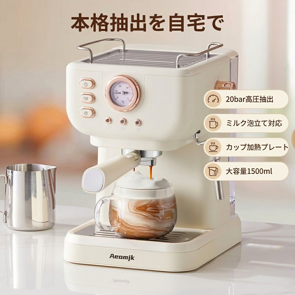 Rakuten - 【本格抽出を自宅で】エスプレッソマシン 家庭用 半自動 コーヒーメーカー 小型 20bar ミルク泡立て器 カップ加熱 1500ml 粉対応 ギフト ポイント消化 プレゼント 人気 おすすめ 新生活 母の日 父の日 誕生日