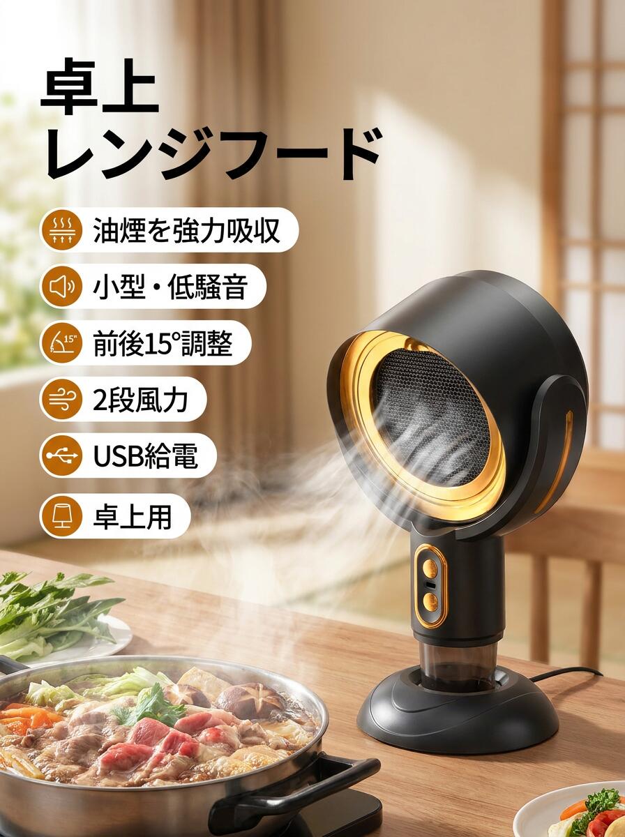 Rakuten - 【油煙を吸収する卓上吸煙機】ポータブル 卓上レンジフード 卓上換気扇 コードレス 3000mAh USB式 角度 高さ調整 低騒音 2段風力 ミニ 小型 屋内バーベキュー キャンプ ホームパーティー ポイント消化 プレゼント ギフト 人気 おすすめ 新生活 母の日 父の日 誕生日