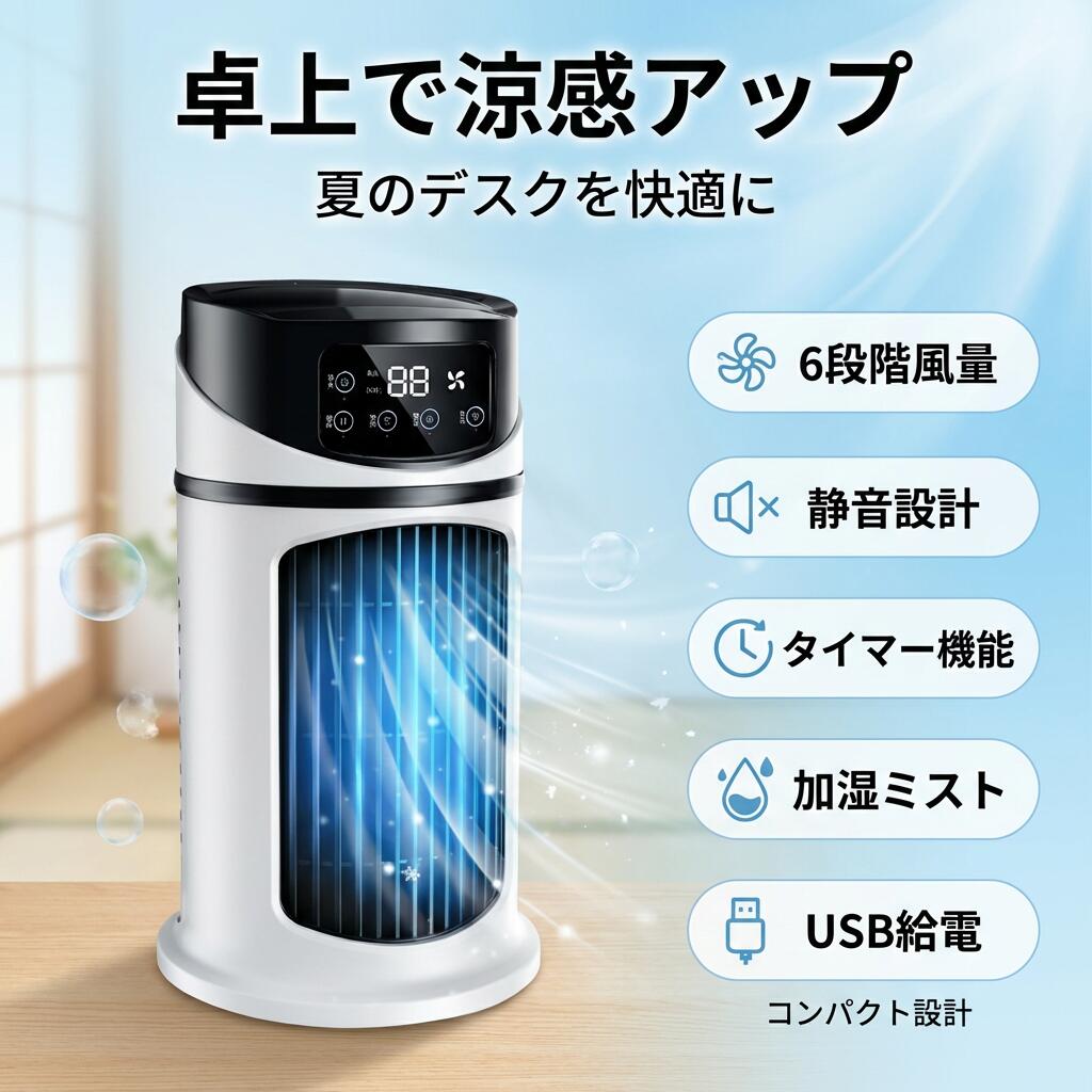 Rakuten - 【卓上で涼感アップ】冷風扇 冷風機 コンパクト 冷却 加湿 静音 6段階風量 タイマー 角度調整 氷 ミスト USB給電 小型クーラー ポータブル エアコン 扇風機 寝室 オフィス ポイント消化 プレゼント ギフト 人気 おすすめ 新生活 母の日 父の日 誕生日
