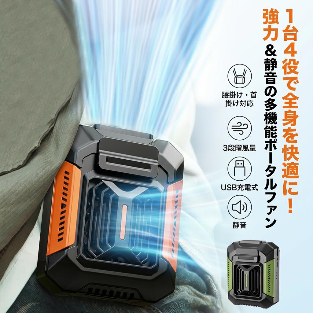 【1台4役で全身を快適に】腰掛け 首掛け 扇風機 小型携帯扇風機 ベルトファン クリップ式 USB充電式 3段階風量 静音 …
