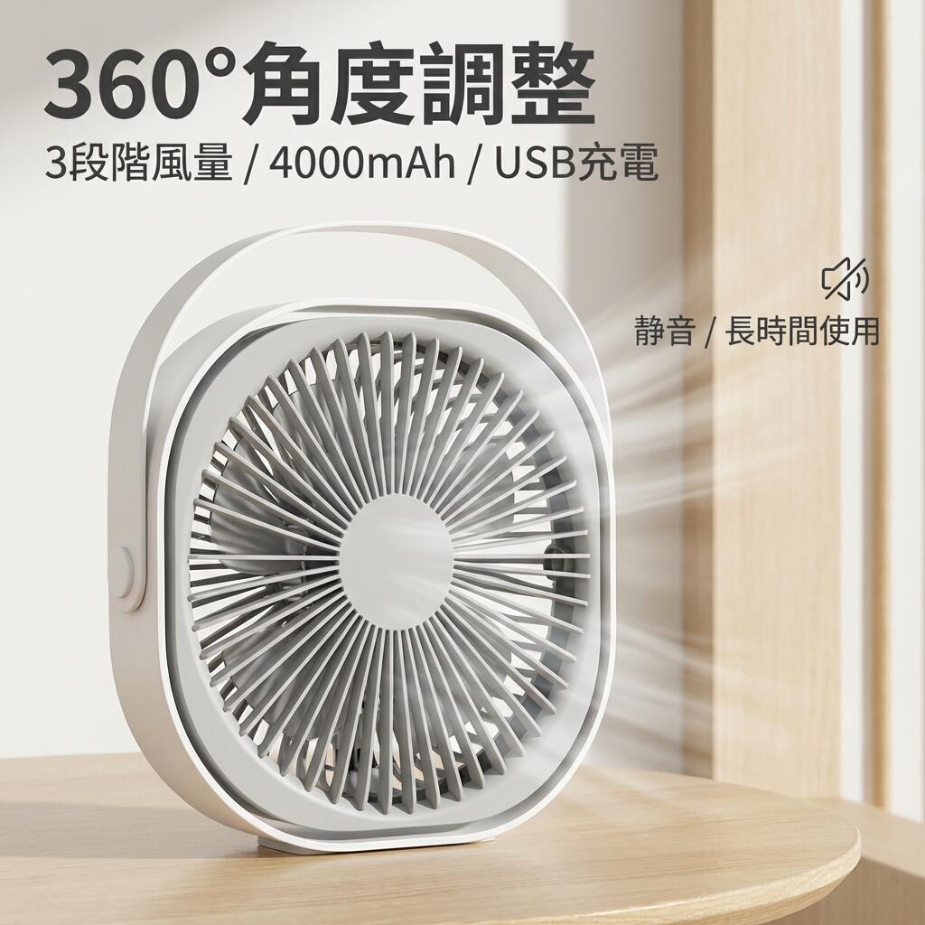 Rakuten - 【360度角度調整】卓上扇風機 USB扇風機 ミニファン デスクファン 静音 パワフル送風 風量3段階 省エネ 3枚羽根 USB電源 長時間連続使用 寝室 リビング アウトドア キャンプ ホワイト ポイント消化 プレゼント ギフト 人気 おすすめ 新生活 母の日 父の日 誕生日