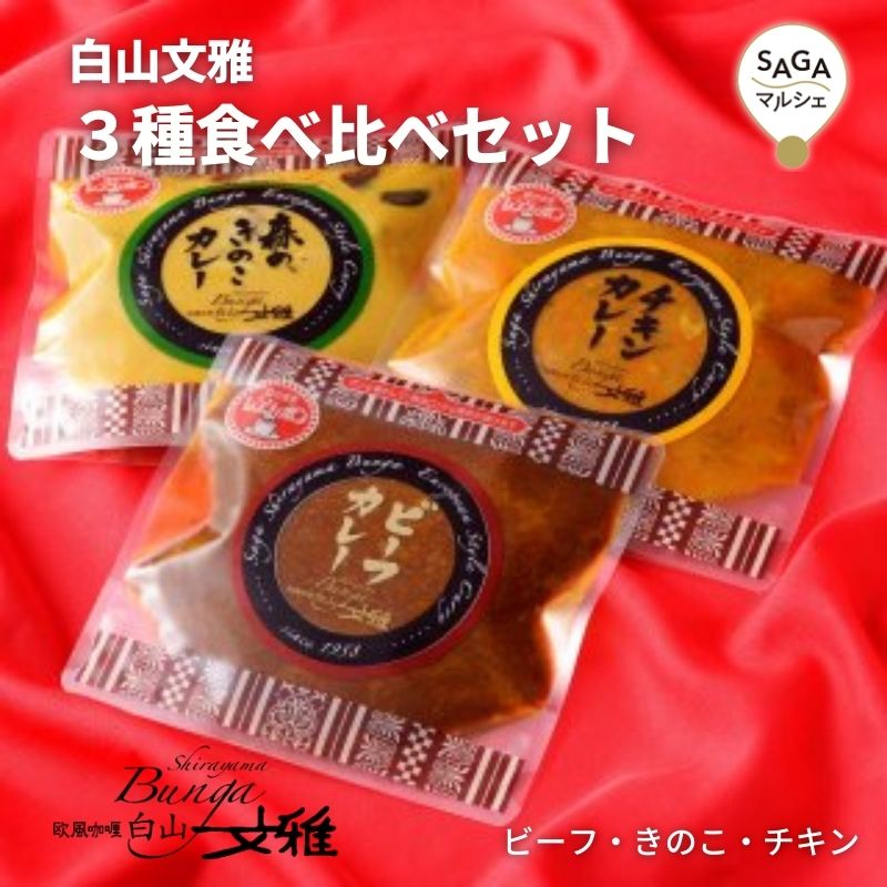 白山文雅 3種食べ比べセット 各200g×3種 最高級 ビーフカレー きのこカレー チキンカレー 贈答用 ギフト 冷凍 食品 佐賀 有名店 老舗 カレー専門店 贅沢 本格カレー　珍百景