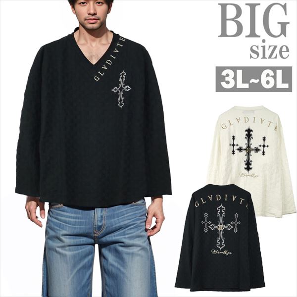 乐天商城 - 長袖Tシャツ Vネック 大きいサイズ メンズ GLADIATE クロス刺繍 ロンT デザイン お洒落 男 かっこいい 服 C060819-01