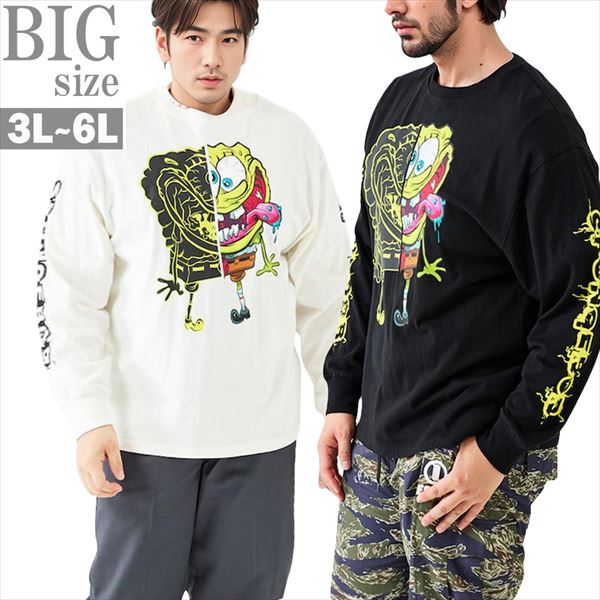 乐天商城 - SPONGEBOB スポンジボブ 長袖Tシャツ メンズ 大きいサイズ プリント ロンT キャラクター 綿100% カジュアル おしゃれ 春 秋 白 黒 男 かっこいい 服 C070901-04