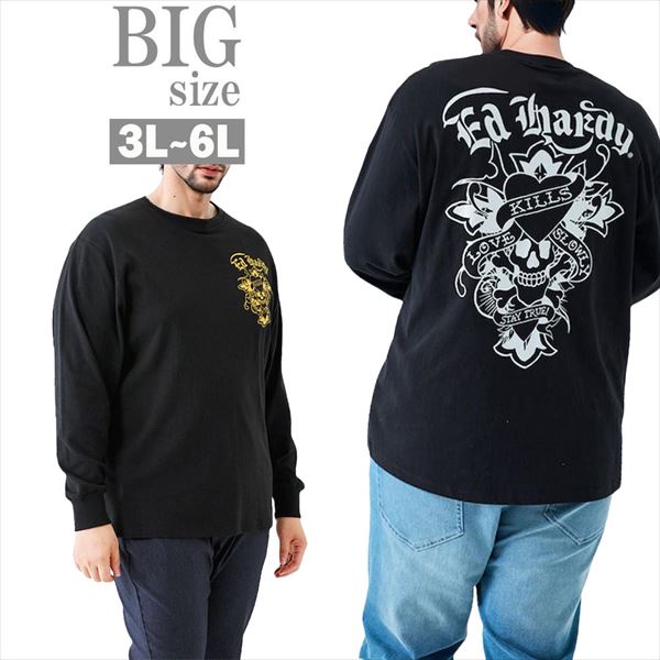 乐天商城 - Ed Hardy 天竺プリント長袖Tシャツ メンズ 大きいサイズ 3L-6L スカルモチーフ 背面プリント 綿100％ 長袖 カジュアル ブラック×シルバー／ブラック×ゴールド 男 かっこいい 服 C070901-06