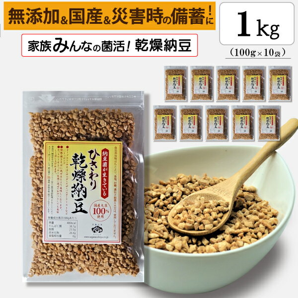 【ひきわり乾燥納豆】1kg（100g×10袋）無添加、国産大豆、災害時の備蓄用納豆や海外旅行にも最適！