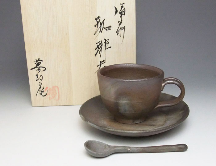 備前焼 ティーセット（桟切)スプーン付| おしゃれ 日本製 工芸品 山口県 和食器 陶器 ティーセット ティーカップ 紅茶碗皿 コーヒーカップ 父の日 母の日 プレゼント ギフトのサムネイル