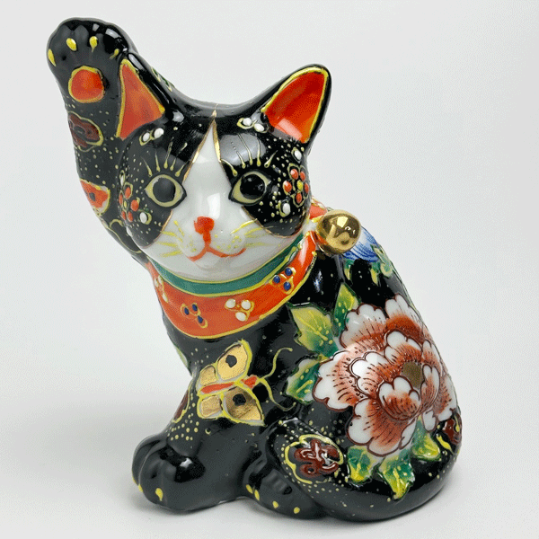 楽天市場】九谷焼 5.5号横座り招き猫 黒盛花と蝶＜送料無料