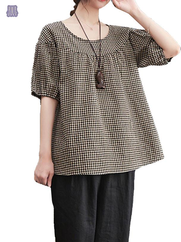 tシャツ カットソー 丸ネック 半袖 トップス レディース インナー きれいめ 夏 Tシャツ ゆったり 薄手 綿麻 チェック柄 カジュアル シンプル オシャレ お出掛け 痩せ感 大きいサイズ オーバーサイズ リネン おしゃれ RaogtCYU