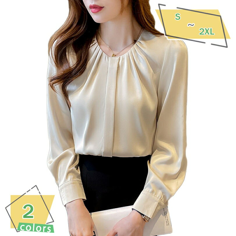 レディース トップス ブラウス シャツ 長袖 丸首 タック ゆったり レーヨン プルオーバー 無地 シンプル エレガント 白ブラウス パフスリーブ 着せ フォーマル 入園式 通勤 ママ スーツインナー 入学式 春 夏 秋 事務服 RaogtCYU