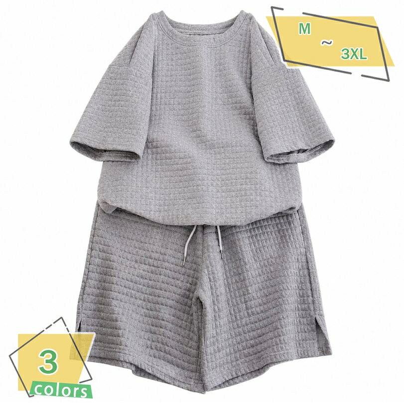 500円OFFクーポン セットアップ メンズ 体型カバー 夏服 上下セット Tシャツ パンツ ルームウェア 部屋着 無地 ワッフル調 ゆったり ビッグシルエット カジュアル 普段着 旅行 大きいサイズ ゆったりサイズ RaogtCYU