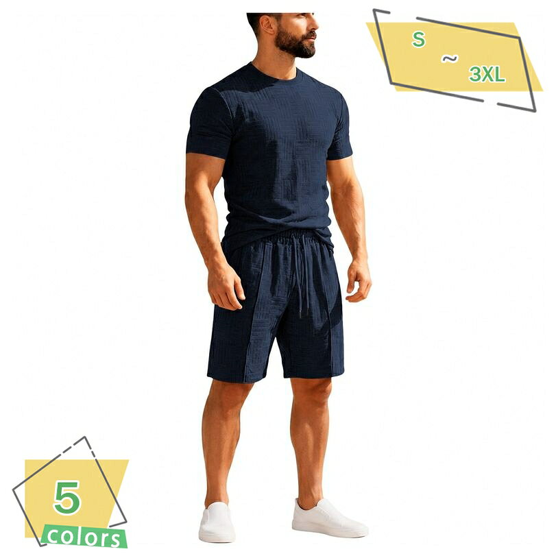 セットアップ メンズ 半袖 Tシャツ ハーフパンツ 上下セット ゆったり 体型カバー カジュアル ルームウェア 無地 凹凸素材 ティーシャツ ショーツ 部屋着 普段着 大きいサイズ RaogtCYU