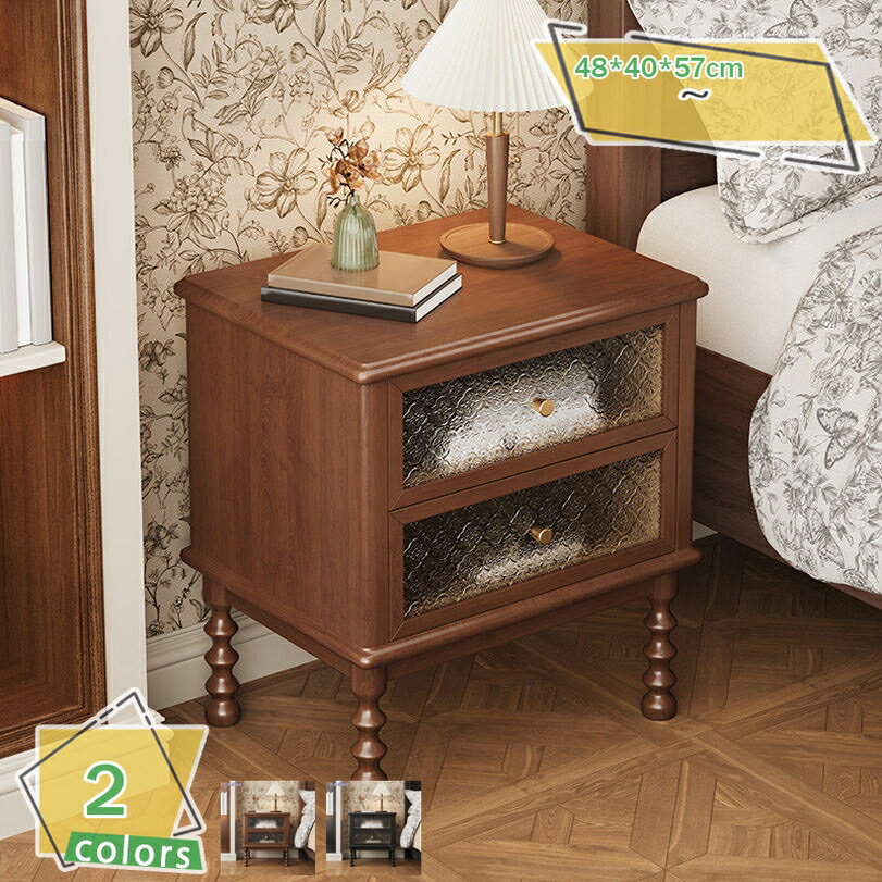 2000円OFFクーポン 木製ベッドサイドテーブルキャビネット2引き出しとガラス扉付きベッドサイドテーブ..