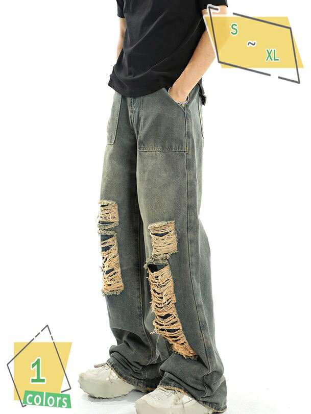 1000円OFFクーポン メンズ デニムパンツ ダメージ クラッシュ デニム ジーンズ ワイド デニム かっこいい おしゃれ ストリート系 カジュアル 破れ膝 ダメージジーンズ RaogtCYU