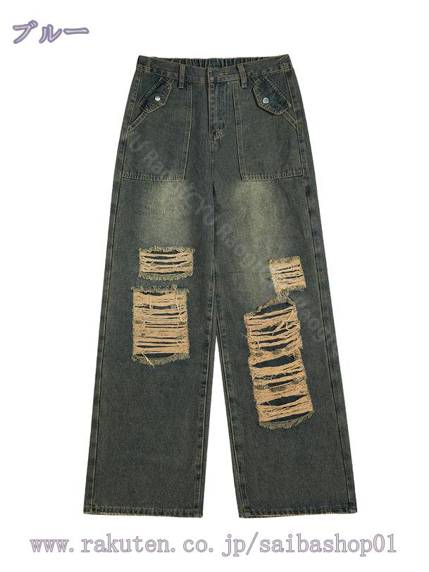 1000円OFFクーポン メンズ デニムパンツ ダメージ クラッシュ デニム ジーンズ ワイド デニム かっこいい おしゃれ ストリート系 カジュアル 破れ膝 ダメージジーンズ RaogtCYU
