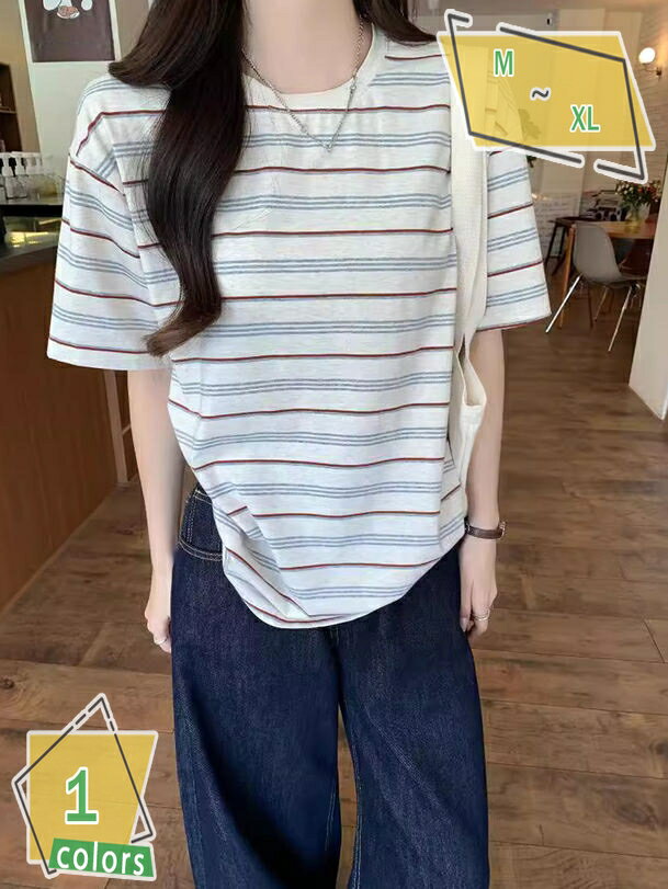 500円OFFクーポン ボーダー 半袖 Tシャツ レディース 綿 クルーネック ゆったり カジュアル おしゃれ トップス 夏服 レディー コットン 可愛い 柔らかい 通勤 デート お出かけ ビッグシルエット カットソー インナー ショート 薄手 シンプル RaogtCYU