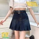 プリーツスカート レディース ハイウエスト 可愛い デニム ミニスカート ショットスカート 短いスカート ボトムス ミニ丈 フリル インナー付き 美脚 小尻 Aライン カジュアル レトロ 春夏 デニムスカート ベルト付き RaogtCYU