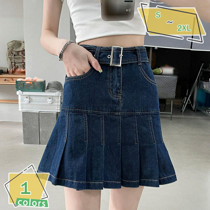 デニムスカート レディース 夏 Aライン きれいめ ミニ プリーツスカート ハイウエスト ショート丈 おしゃれ ジーンズ ストレッチ スカート スリム フェミニン 可愛い 着痩せ 足長 美脚 デニムスカート 台形 ポケット付き RaogtCYU
