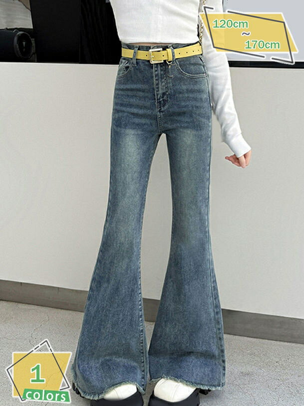 デニムパンツ フリンジ ジーパン 女の子 ガールズパンツ デニム フリンジ ブーツカット ウエストゴム キッズ 子供服 女児 RaogtCYU