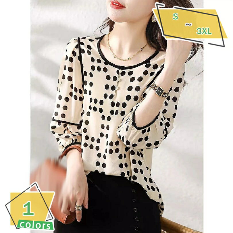 ブラウス レディース トップス 半袖 春秋 可愛い お洒落 黒 白 薄手 ドット柄 ラウンドネック パフスリーブ パフ袖 プルオーバー シフォン 切り替え 着回し オフィスカジュアル 通勤 通学 お出掛け デート トップス 五分袖シャツ RaogtCYU