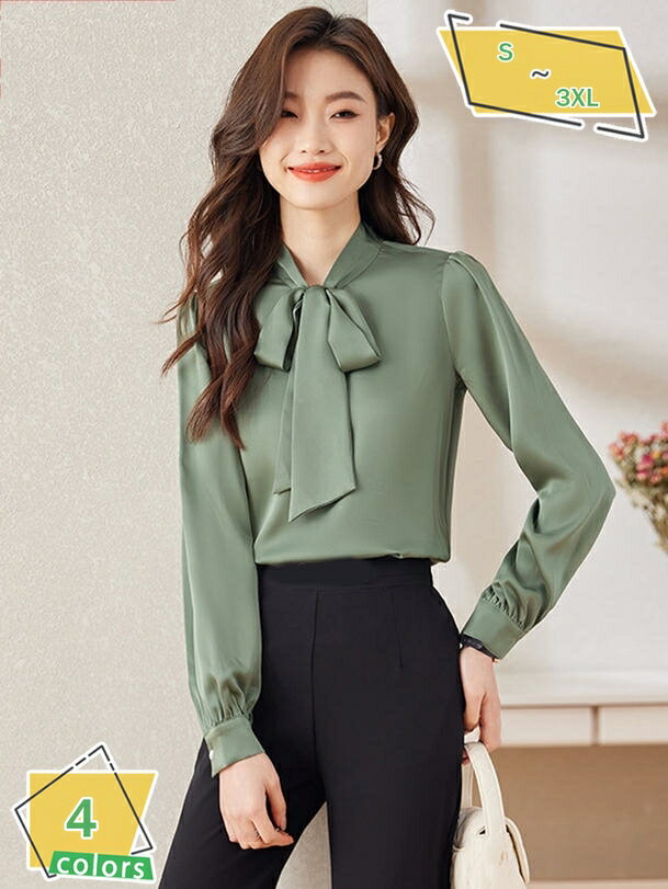 ボウタイ シャツ ブラウス レディース 長袖 Vネック パフスリーブ オフィス カジュアル トップス 着痩せ おしゃれ 通勤 OL スーツインナー ボウタイブラウス シフォン とろみ 母の日 リボンラウス 大人女性 事務服 RaogtCYU