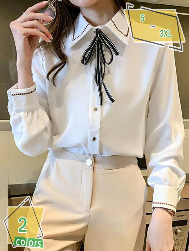 表地：ポリエステルメイン素材：ポリエステル◆　バルーン袖やリボンでちょっぴりあどけなさを演出♪スラックスからミニスカートまでお好みのスタイルに合わせて様々な着こなしが可能です。◆　大きめのボウタイが顔周りを華やかに魅せてくれるのもポイントの1つ。細部にまでこだわったディテールで高見えするアイテムです。今流行りのボウタイブラウス、おしゃれ映え一目惚れ！◆　ふんわりシフォンスリーブが二の腕を華奢見せ、女性らしい美ラインシルエットのウエストデザイン、体型カバー効果もあり、デイリーユースはもちろん、オフィスやビジネスシーン、お出かけやママ会コーデにもオススメです。◆　シンプルなボトムにトップスインするだけで華やかなスタイリングに。上品なデザインなのでお出かけやパーティーシーンにも活躍します。◆　ふわんわり透け感のある上品な生地で軽く、シワになりづらい。さらりとした肌触りも魅力でとても扱いやすいです。 スーツのインナーなどのフォーマルから、さらりと着こなせるカジュアルまで、スッキリとしたシルエットでお出かけにも欠かせないアイテムです。◆サイズ 【S】肩幅：37　着丈：53　バスト：88　袖丈：53 【M】肩幅：38　着丈：54　バスト：92　袖丈：54 【L】肩幅：39　着丈：55　バスト：104　袖丈：55 【XL】肩幅：40　着丈：56　バスト：108　袖丈：56 【2XL】肩幅：41　着丈：57　バスト：112　袖丈：57 ※サイズにつきましては若干の誤差が生じる場合がございます。予めご了承ください。 【滑らかなタッチと上品な光沢感】 ポリエステルのナチュラルな雰囲気と、レーヨンのやわらかさと落ち感に加え。 ノーカラーデザインでお顔をすっきりと引き立てる、無地のシフォンシャツ。 程よいドレープ感と、ストレッチ性が生み出す着心地の良さを実感頂ける1着です。 【リボンがコーデのアクセントに】 胸元のアクセントになるボウを、リボン結びにして女性らしく、一度結びでマニッシュな雰囲気にと結び方次第で色んなスタイルが楽しめます。 柔らかな肌触りでジャケットのインナーとしても活躍できる1枚です! 【大人シンプルにまとまる無地トップス】 春にピッタリのボウタイブラウス。ふわりとした軽やかさとやさしい光沢感のある生地感で着心地の良さ◎。 キレイめコーデには欠かせない一着です。パンツと合わせればデイリーでも使える便利アイテムです。 【スタイリングポイント】 甘め好きな方はミニボトムにロングブーツが今年らしい組み合わせでオススメです。まだ肌寒いようなら、ニットを合わせてリボンのみチラ見せしても可愛く着こなせます。 春先はシンプルにデニム合わせにすると、春らしいフレンチガーリーな着こなしになりオススメです。 合わせるアイテム次第で、通勤・オフィスルックや。きれいめカジュアルにデイリーまで様々なシーンに活躍するブラウスです。 【幅広なシーン適用】 清潔感のある、長袖タイ付き。着心地よく、季節問わず（春、夏、秋、冬）オールシーズン活躍すること間違いなしのお洒落で旬な1枚。 ビジネス 通勤 フォーマルな場面でもさりげなく上品、仕事でもカジュアルなお呼ばれの席でも、きれいめシャツとしての着こなしもできる可愛いブラウス！ ボウタイスタイルで大人シャープなハンサムコーデに、リボン結びでキュートに可愛いフェミニンコーデに。 仕事やオフィスだけでなくデートやお呼ばれ、卒園式、入園式、発表会、結婚式、二次会などのフォーマルシーンにも活用できる一枚です。 【ご注意ください】 ★モデルに使用している小物やアクセサリー等はセット内容に含まれておりません。 ★寸法は商品を平置きにし、外側から採寸したサイズです。メジャーでの採寸のため、多少の誤差がある場合がございますがご了承ください ★商品画像はできる限り実物の色に近づけるように加工しておりますが、お客様のご使用するモニター、照明により多少色の変化が感じられる場合がございます、ご了承ください。以下の用語は検索目的のためのものであり、製品の説明はありません。ブラウス レディース 長袖 おしゃれ オフィス 大人 シフォン 白 シャツ オフィス ロリータ 量産型 事務服 リボン 地雷系 制服 ボウタイ トップス サテン フリルブラウス ハイネック 長袖 レース 黒 レディース フリル 立ち襟 フォーマル スーツ 冬 白 大きいサイズ 可愛い リボン 半袖 セット 派手 ピンク 厚手スタンドカラーシャツ レディース 白 長袖 黒 コットン ストライプ 綿 ベージュ スタンドカラー ブラウス キッズ フリル 入学式 大きいサイズ フォーマルシフォン レディース 大きいサイズ ブラウス 半袖 トップス 長袖 キッズ 50代 シフォンシャツ メンズ チュニック 白 黒詰め襟 フォーマル 冠婚葬祭シャツ ブラウス レディース 長袖 ブラウン オフィス 長袖シャツ 事務服 リボン ノーアイロン 半袖 大きいサイズ 透けない ストレッチ 白 7分袖 丸襟 七分袖 就活リボン ブラウス 長袖 子供 レディース 白 3l 大きいサイズ ロング ブラウン リボンブラウス おしゃれ 秋 リボンタイ カラー 秋冬 シャツ キッズ メンズ
