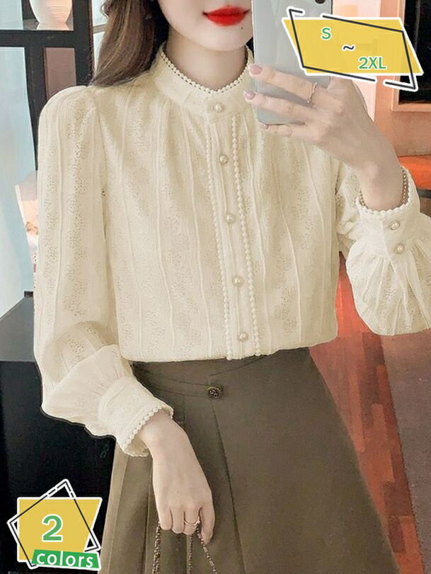 [AYBTO]レース シャツ ブラウス 春 夏 レディース 半袖レース 刺繍 スタンドカラー バルーン ブラウス トップス チュール レーストップス ワイシャツ 総レース シンプル オフィス キレイめ おしゃれ 無地 エレガント RaogtCYU