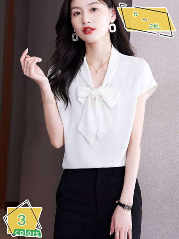 500円OFFクーポン [AYBTO]リボンブラウス ブラウス レディース オフィス シフォン ノースリーブ Vネック リボン きれいめ プルオーバー 蝶結び エレガント オフィス OL トップス 通勤 襟リボン ボウタイ ビジネス 春 RaogtCYU
