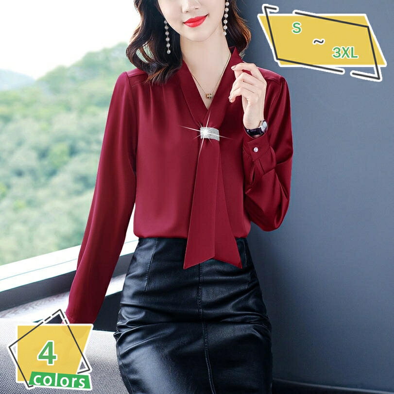 シャツ ブラウス シフォン ボウタイ Vネック 長袖 カットソー プルオーバー フォーマル レディース ボウタイシャツ 大きいサイズ おしゃれ フェミニン 事務服 ワイシャツ サテンシャツ トップス エレガント リクルート 就活 OL RaogtCYU