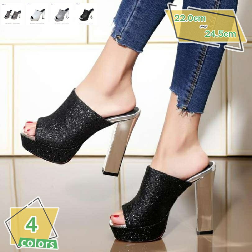 777円OFFクーポン 13cmヒール キラキラ ミュール レディース 厚底 サンダル 厚底 チャンキーヒール メタリック 歩きやすい キャバサンダル パーティー ライブ ポールダンス キャバミュール セクシー 疲れない 痛くない つっかけ サボ RaogtCYU