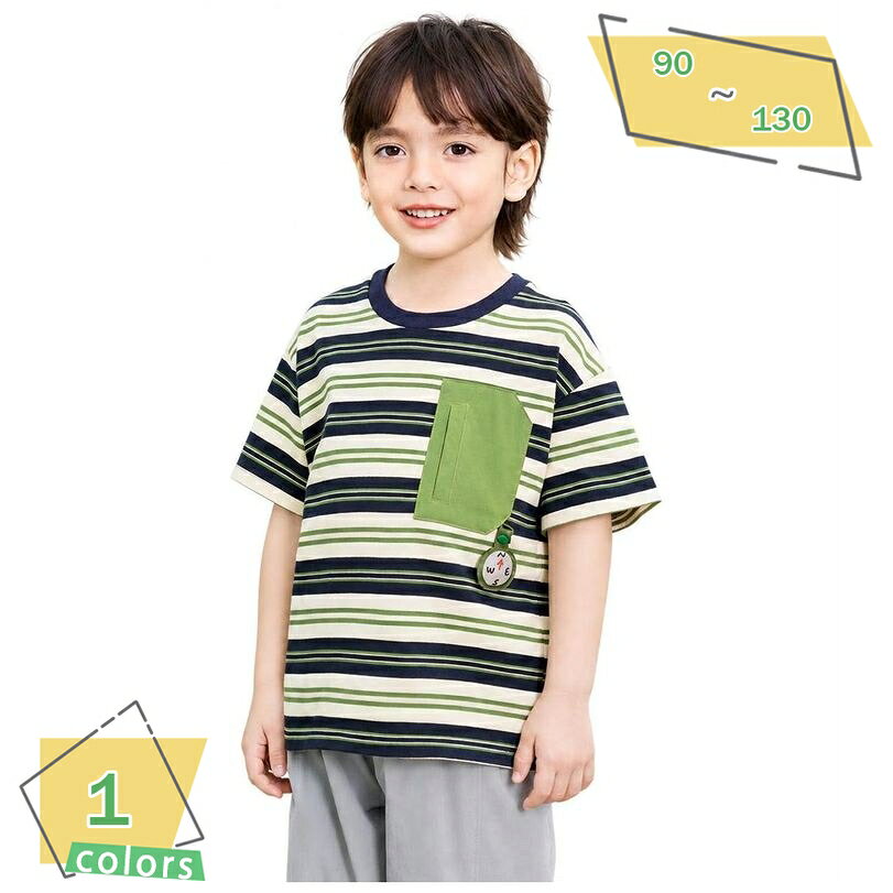 表地：コットン、ポリエステルメイン素材：綿、ポリエステル【快適な着心地のボーダーTシャツ】さらっとした肌触りのコットン混素材を採用し、汗ばむ季節でもベタつきにくく快適に過ごせる男の子用半袖Tシャツです。やわらかな質感で肌への刺激が少なく、元気いっぱいに動き回るお子様の日常に寄り添います。通園や通学、公園での外遊びなど、デイリーユースにな定番の一着です。【おしゃれな胸ポケット付きデザイン】シンプルなボーダー柄に、胸元の配色パッチポケットがアクセントになったカジュアルなカットソーです。単調になりがちな夏のスタイリングに遊び心をプラスし、1枚でおしゃれに決まります。通気性が良く軽やかな着心地で、春夏のアクティブなシーンやアウトドアにも大活躍します。【動きやすいゆったりシルエット】締め付け感のないゆったりとしたシルエットで、活発なお子様の動きを妨げません。首元はヨレにくい丈夫なクルーネック仕様で、お着替えもスムーズに行えます。デイリー使いはもちろん、通学や旅行、週末のお出かけなど、さまざまな着用シーンでスタイルアップして見せてくれます。【豊富なサイズと爽やかなホワイト系カラー】サイズは90cmから130cmまで幅広く展開しており、お子様の成長に合わせてお選びいただけます。爽やかで清潔感のあるホワイトベース of ボーダー柄は、手持ちのデニムパンツやショートパンツ、スウェットパンツなどとも相性で、幅広いコーディネートが楽しめます。【お手入れ簡単でデイリーに活躍】シワになりにくい風合いで、ご家庭での洗濯も簡単です。型崩れしにくいため、毎日の通園や通学用として気兼ねなくお使いいただけます。春先はインナーとしてシャツやパーカーを羽織り、夏は1枚でと、ロングシーズン着用できる便利なアイテムです。【商品紹介】爽やかでカジュアルなボーダーデザインが、男の子向けのクルーネック半袖Tシャツです。デイリーに使いやすいシンプルなボーダー柄に、胸元のパッチポケットをあしらうことで、デザインのアクセントに仕上げました。通気性が良く、さらっとした肌触りの素材を採用しているため、夏のアクティブなシーンでも軽やかで快適な着用感をキープします。元気いっぱいに動き回るお子様の日常にぴったりな、実用性とデザイン性を兼ね備えた一着です。【こだわりのディテール】・胸元のアクセント：左胸には配色の切り替えがおしゃれなオープンポケットを配置し、遊び心のあるカジュアルスタイルを提案します。・すっきりクルーネック：首元はベーシックな丸首（クルーネック）仕様で、お着替えしやすく、程よくフィットしてすっきりとした印象を与えます。・ゆったりとしたサイズ感：締め付け感のないリラックスシルエットで、体型をカバーしつつ、動きやすさを確保しています。元気に走ったり遊んだりするお子様の動きを妨げません。【快適さを追求した素材感】やわらかな質感とさらさらとした手触りが特徴のコットン混素材を使用しています。しなしなと肌に馴染むしなやかさがあり、汗ばむ季節でもベタつきにくく、通気性にも優れています。ご家庭での洗濯もしやすく、型崩れしにくいため、毎日の通学や通園の普段着としてヘビーローテーションしていただけます。シワになりにくい風合いで、お手入れの手間も省けます。【着用シーン＆コーディネート】普段使いのカジュアルコーデから、お出かけ、週末の旅行、キャンプやピクニックなどのアウトドアレジャーまで、幅広いシーンで着用いただけます。・夏のスタイリング：定番のハーフパンツやデニムパンツ、スウェットショーツと合わせるだけで、清潔感のある爽やかなコーディネートが完成します。・レイヤードスタイル：春先や秋口の少し肌寒い時期には、長袖Tシャツの上に着る重ね着スタイルや、チェックシャツ、マウンテンパーカーのインナーとしても重宝します。スニーカーや帽子との相性もです。【対象・サイズについて】サイズ展開は、90cm、100cm、110cm、120cm、130cmとなっており、トドラーからキッズまで幅広い年齢層に対応しています。カラーはクリーンな印象を与えるホワイトベースで、お手持ちのアイテムとも組み合わせやすい配色です。通園、通学、公園遊び、お散歩、帰省、写真撮影など、あらゆる日常シーンを彩る頼れるアイテムです。以下の用語は検索目的のためのものであり、製品の説明はありません。ボーダー柄 Tシャツ 半袖 キッズ 男の子 クルーネック カットソー 子供服 通園 通学 遊び着 インナー 普段使い しましま 小学校 低学年 90 100 110 120 130ボーダー Tシャツ キッズ 半袖 男の子 カットソー 子供服 丸首 普段着 通学 通園 お出かけ ゆったり トップス カジュアル ストライプ 90 100 110 120 130ボーダー Tシャツ キッズ 半袖 男の子 カットソー 子供服 丸首 普段着 通学 通園 お出かけ ゆったり トップス カジュアル 春 夏 ジュニア 子ども 服 ポケット付き男の子 半袖 Tシャツ ボーダー柄 子供服 キッズ カットソー クルーネック 丸首 普段着 通園 通学 レジャー キャンプ アウトドア 部屋着 ゆったり 動きやすい ストライプ