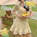 300円OFFクーポン ワンピース スカート 花柄ドレス ショートスカート シフォンワンピ 細身 大きいサイズ おしゃれ 伸縮性 お洒落 魅力 セクシー スクエアネック Aライン プリーツ 華やか ビッグシルエット ハイウエスト 低身長 秋 旅行 デート RaogtCYU