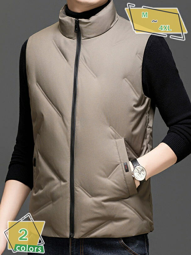 1000円OFFクーポン ダウンベスト メンズ アウターベスト ダウンジャケット 立ち襟 無地 ジップアップ おしゃれ カジュアル 暖かい 厚手 ノースリーブ 袖なし アウトドア 春 秋 冬 RaogtCYU
