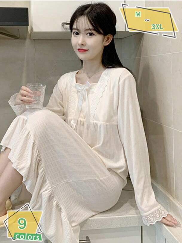 500円OFFクーポン パジャマ レディース ワンピース ルームワンピース 寝巻き フリル 綿 ロング丈 ネグ..