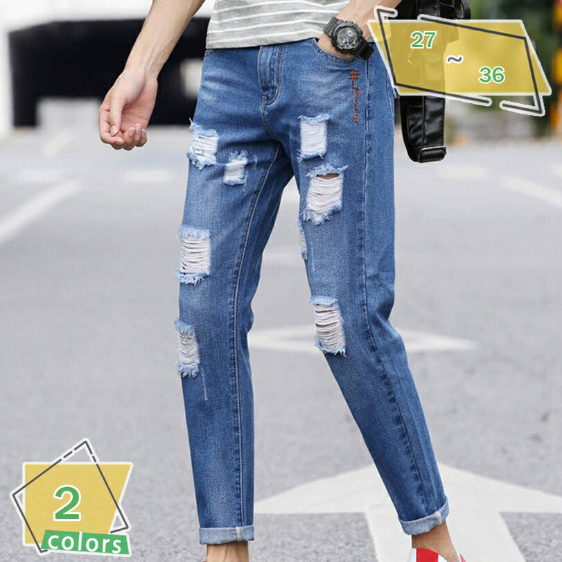 500円OFFクーポン ダメージ加工 ストレッチ デニムパンツ メンズ デニムパンツ デニム テーパードパンツ ダメージデニム アンクルパンツ RaogtCYU
