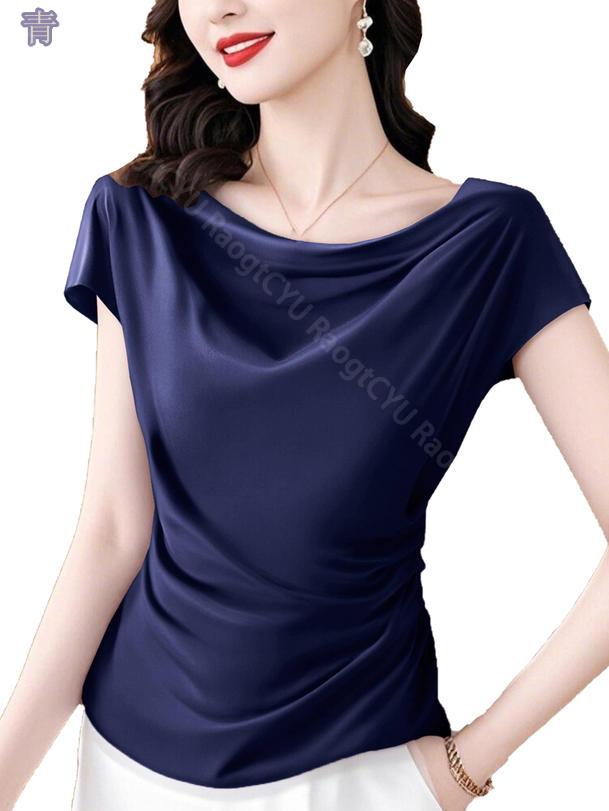 ギャザー 半袖 カットソー レディース Tシャツ トップス シフォン プルオーバー 大きいサイズ ゆったり オフィス 仕事 シンプル カジュアル パーティー ティーシャツ 無地 楽ちん 夏 春 秋 サマー 薄手 体型カバー RaogtCYU