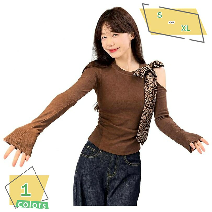 カットソー レディース 長袖 着痩せ トップス 肩あき ヒョウ柄 リボン タイト Tシャツ オープンショルダー スリム きれいめ カジュアル デイリー お出かけ おしゃれ ゆったりサイズ RaogtCYU