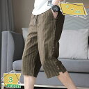 クロップドパンツ メンズ 綿麻 7分丈 サルエルパンツ ストライプ 総柄 クロップド カジュアルパンツ リネンパンツ 半端丈 スリム 涼しい 夏 綿麻 テーパード ハーフパンツ 膝下丈 ウエストゴム RaogtCYU