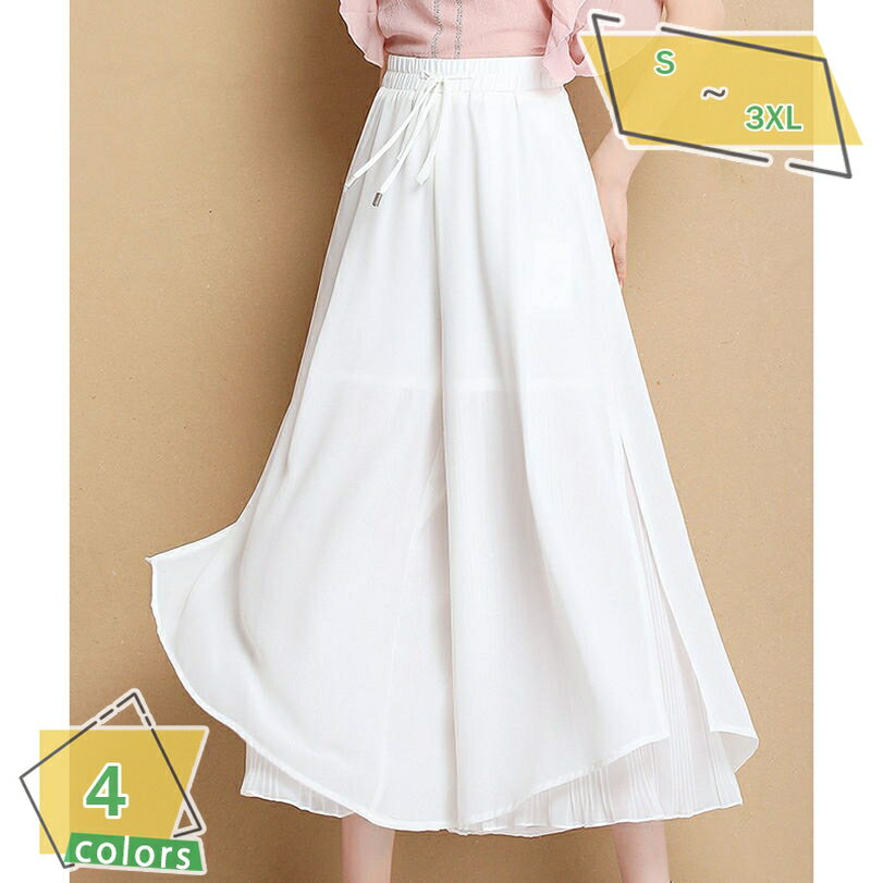 乐天商城 - ふんわり 薄手シフォン レイヤードデザイン 八分丈 プリーツ ワイドパンツ スカンツ フレアパンツ シフォンパンツ ガウチョパンツ スカーチョ 九分丈 きれいめ ゆったり 涼しい 春夏 夏 レディース RaogtCYU