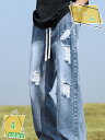 500円OFFクーポン デニムパンツ メンズ ジーンズ 薄手 ワイド バギー ダメージデニム イージーパンツ ウェストゴム メンズファッション ストリート RaogtCYU