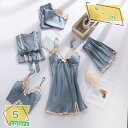 1000円OFFクーポン ルームウェア レディース 5点セット パット付き キャミソール セクシー 長袖 ワンピース パッド付き 上下セット リボン レース サテン パジャマ 部屋着 春 夏 秋 冬 オールシーズン リラックス 大人可愛い プレゼント RaogtCYU