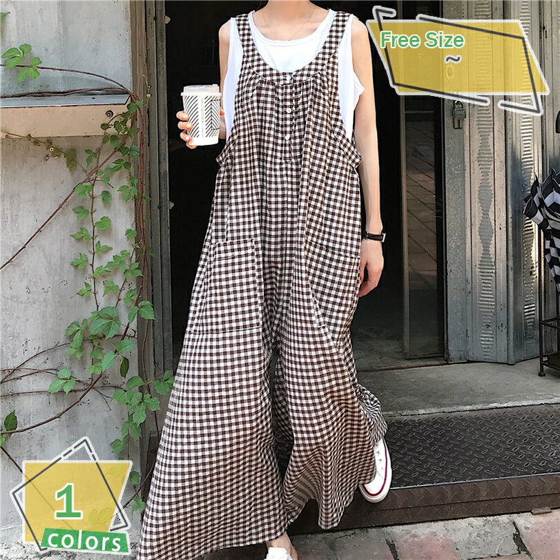 オールインワン サロペット レディース パンツ 春 夏 きれいめ チェック柄 オーバーオール ロングパンツ ワイドパンツ ロング ワイド 綿 コットン ゆったり チェック おしゃれ 大人可愛い 美脚パンツ 涼しい デート 旅行 通勤 通学 お呼ばれ RaogtCYU