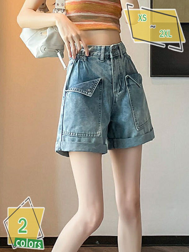乐天商城 - ショートパンツ デニム レディース ハイウエスト ボタン ロールアップ ポケット ファッション ショート丈 ショーパン 春 夏 秋 美脚 脚長 体型カバー 細見え ゆったり Aライン カジュアル アウトドア デート 旅行 RaogtCYU