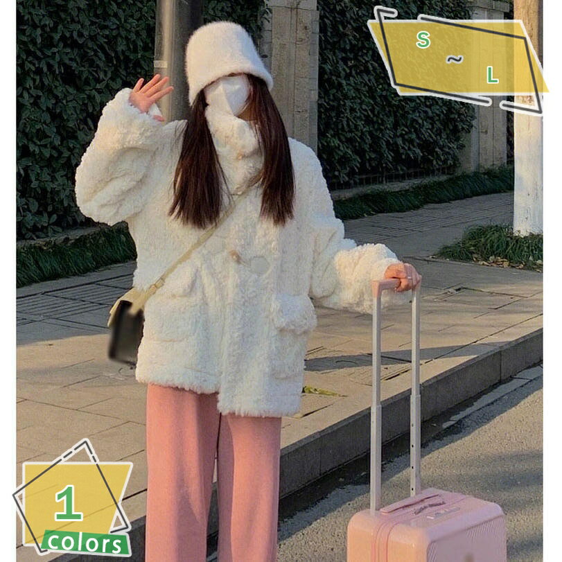 レディース ボアブルゾン ボアジャケット アウター 秋冬 パーカー 純色 無地 ハイネック ホワイト ポケット付き 着痩せ フリースジャケット フェイクファー 防寒着 あったか 通学 通勤 デート 可愛い ボアコート RaogtCYU